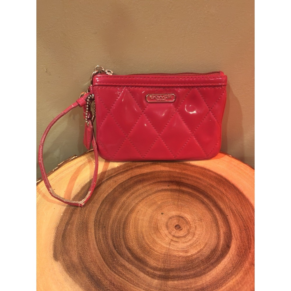 COACH Quilted Patent Leather Red Glossy Wristlet Wallet 6" X 4"